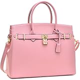 Dasein Top Handle Faux Leather Padlock Structured Briefcase Satchel Handbag, Tablet, iPad Bag (F2731- Pink)