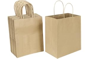 50 Pack 8x4.75x10 Inch Medium Gift Bags with Handles Bulk, Oikss Kraft Bags Birthday Party Favors Grocery Retail Shopping Business Goody Bags, Craft Plain Natural Paper Bags Sacks (Brown 50 PCS Count)