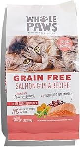 Whole Paws, Grain-Free Dry Cat Food, Salmon & Pea Recipe, Enhanced with Fiber & Prebiotics, Indoor Formula, 3.5 lb