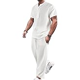 GORGLITTER Men's Linen Suit 2 Piece Set Beach Casual Short Sleeve Henley Shirts Loose Long Pants Summer Vacation Outfits