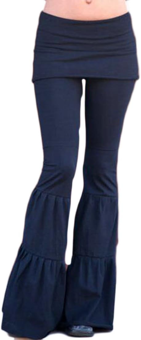 Fulok Womens Dance Ruffle Low Rise Wide Leg Pants Solid Slim Flare Pants Black XX-Large