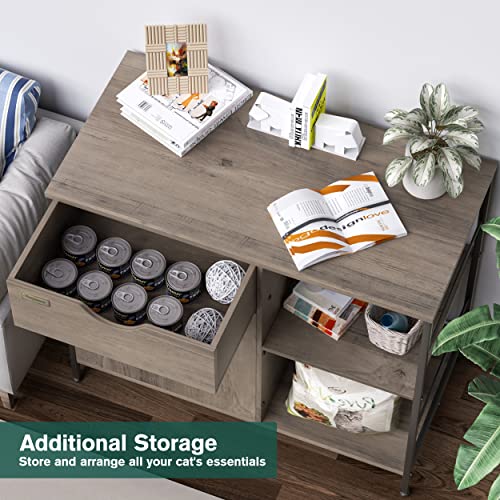 Cat Furniture Cabinet Enclosure,Cat House for Indoor Cats Side Table,Wooden Cat Cabinet with Drawer, Cat Home End Table with Storage Shelf, Nightstand,Grey
