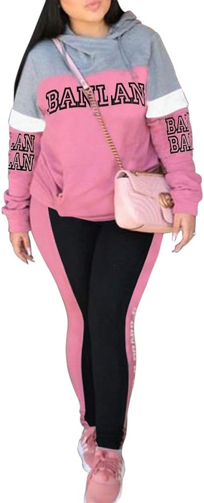 BANLAN Women Letter Print Two Piece Outfits Hoodie Sweatshirt Skinny Long Pants Jumpsuits Tracksuits Set