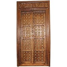 Mogul Interior Indian Hand Carved Wooden Door and Frame Beautiful Floral Carving Solid Wood Antique Furniture Farmhouse Design