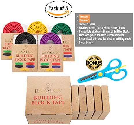 Block Tape by BAVALON. 5 Multicolor Non-Toxic Silicone Rolls (3ft/Roll), Lego Building Block Tape Loops with Reusable Adhesive Strips. Compatible, Washable, Cuttable, 2-Studs Kids Toy Block Tape rolls
