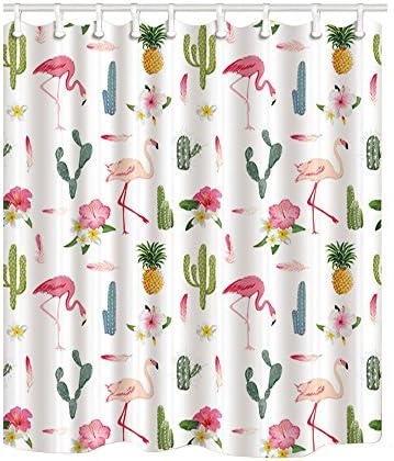 KOTOM Tropical Flowers Decorations, Flamingo Bird and Pineapple in Cactus Flower Shower Curtain, Fabric Shower Curtain for The Bathroom, Bath Curtains Hooks Included, 70X70inch