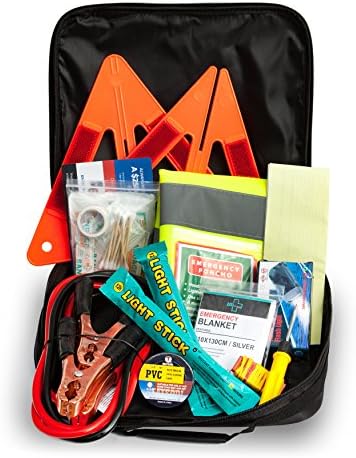 Always Prepared Emergency Road Assistance Kit (62 Pieces) All-In-One Solution: Includes 8-Gauge Jumper Cables, Self-Powered LED Flashlight, Emergency Triangles, First Aid Kit, Light Sticks And More