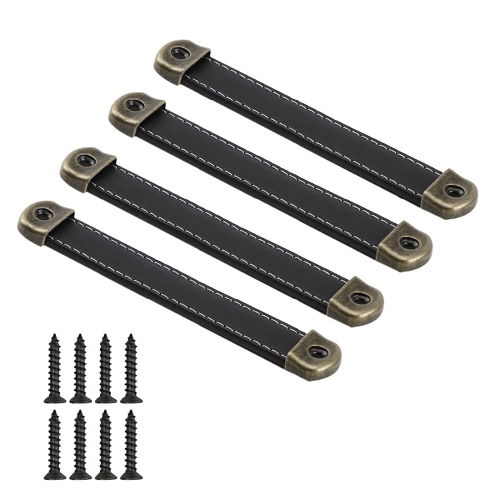 CONPHERON 4 Pcs Vintage Leather Handles Furniture Kitchen Drawer Pull Cabinet Door Handle Retro Handmade Leather Handles for Cupboard Pulls Drawer Knobs 128mm