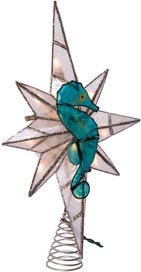 Tree Toppers - Kurt S. Adler Kurt Adler 10-Light Capiz Bethleham Star with Seahorse Treetop, Blue, White, Silver