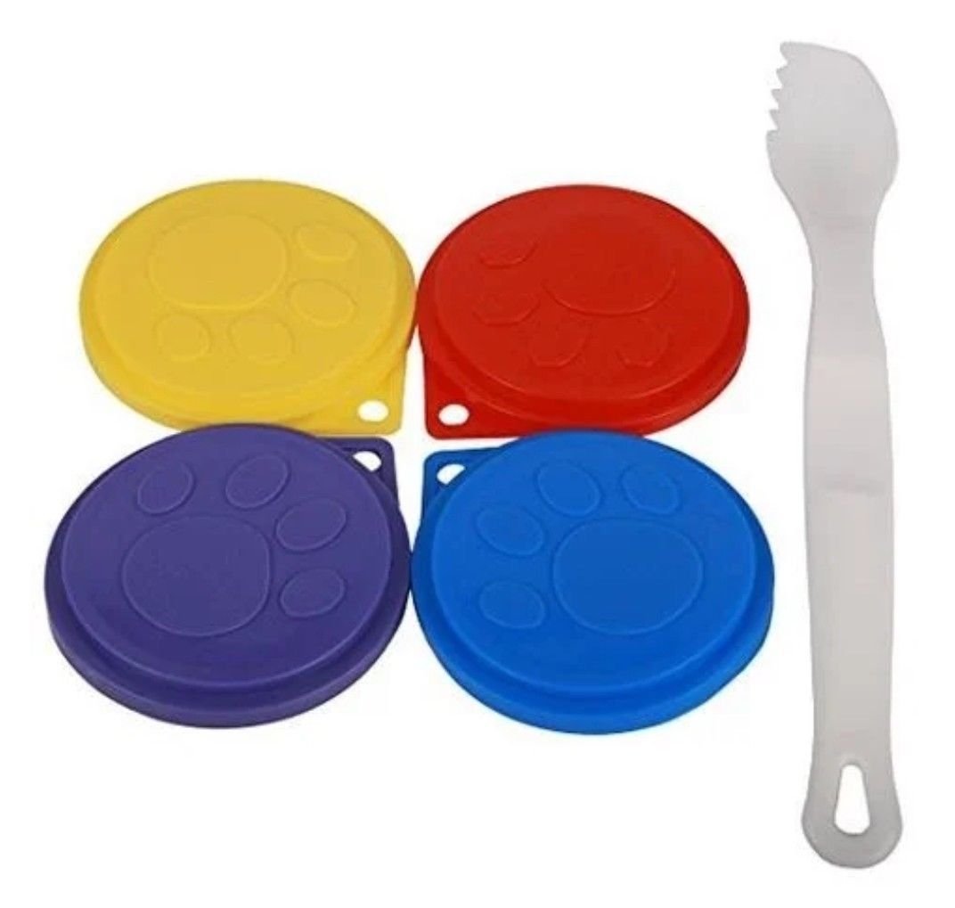 Pet Touch 4 x PET FOOD CAN COVERS CAT DOG REUSABLE PLASTIC LID COVER WITH FREE SPOON/FORK