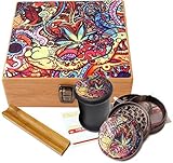Psychedelic Leaf Design - Large size Sacred Geometry Stash Box with Latch, Grinder & Pop Top Glass Jar Package & Free Accessories Item# LBCS020818-2