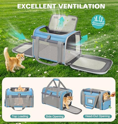 BTNEEU Foldable Cat Carrier Carrier Small Dog Carriers Airline Approved Breathable Carrier Bag with Inner Strap, Washable Soft Cushion and Adjustable Shoulder Strap (Sky Blue)