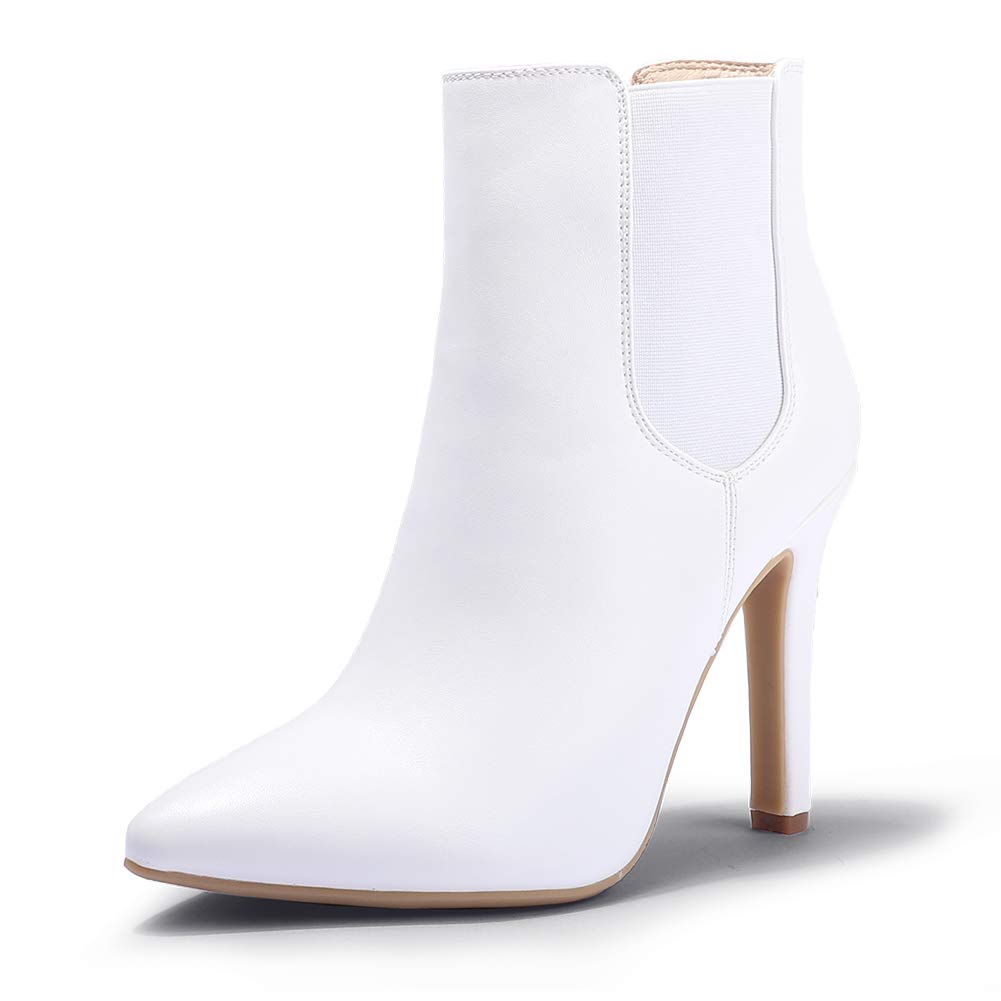 Photo 1 of IDIFU White Ankle Boots for Women High Heel Pointed Toe Boots Side Zipper Stiletto Booties (White Pu Elastic, 8.5 M US)