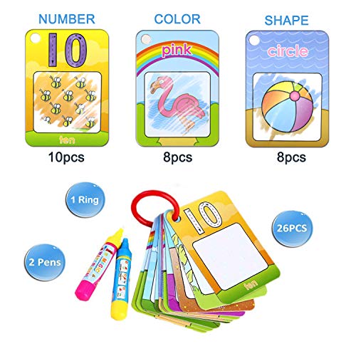 Coolplay Drawing Toddler Number Cards, Shape and Color Learning with Magic Pens, Entertainment Travel Activities Toys for Kids 26pcs Ring Word Cards
