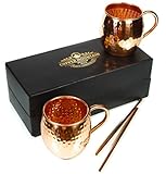 Moscow Mule Mugs – Premium Gift Set of 2 with Straws, Recipes – 16 Ounces – Pure Copper – Hammered Finish – Satisfaction Guarantee by Copper Mountains