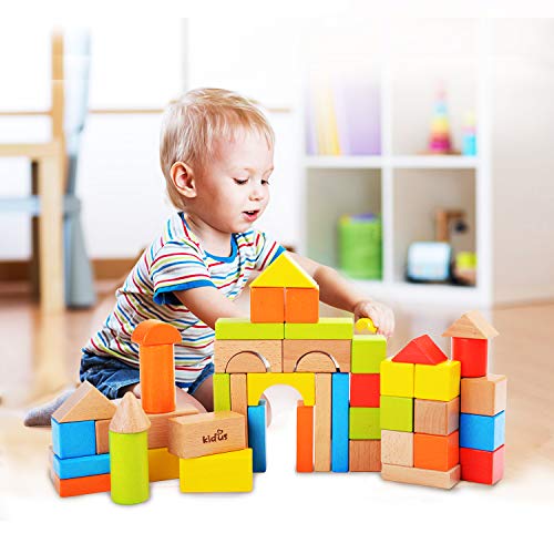 ZONXIE KAJA Classic Wooden Building Blocks Sets 80 Pcs Natural and Color Blocks for Toddlers Educational Preschool Learning Toys with Carrying Bag