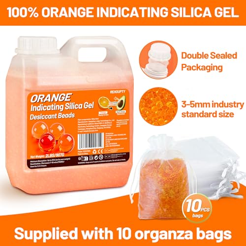 Perles Déshydratantes de Silice Orange 907G, Perles Gel Silice Indicatorices Réutilisables, Perles Déshydratantes de 3-5mm pour Filament 3D & Appareils Électroniques (10 Sacs Organza Inclus)