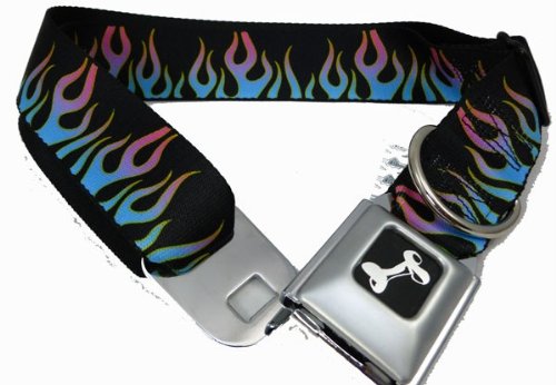 Buckle-Down DC-W30643-WS Seatbelt Dog Collar, Wide Small, Flames Black/Blue/Pink