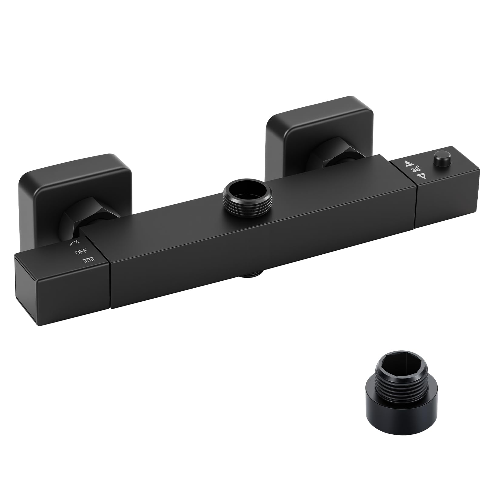 Ronvie Thermostatic Shower Mixer Bar - Two Outlet Wall-Mounted Brass Valve, 38°C Safety Lock & Cool Touch Surface with 3/4" G Top & 1/2" G Bottom BSP Connections, Matt Black (Square)