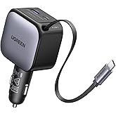 UGREEN 60W Car Charger with Retractable Cable, 3-Port Fast Charger with 30W PD USB-C, USB-A, Cigarette Lighter Adapter Compat