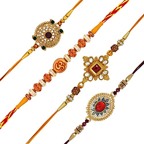 Om Jewells Men's Gold Plated Alloy Kundan and Rudraksha Studded Rakhi (Multicolor) - Set of 4