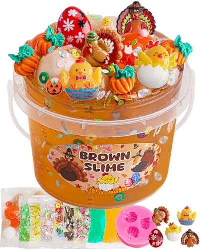 Brown Slime Kit, Clear Slime Bucket, Glimmer Crunchy Slimes Includes Chick Charms Add-ins & Pumpkin Clay, Slimes Party Favors for Kids, Sensory Experience DIY Toys for Girls and Boys Ages 8-12