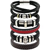 LOIJADE Leather Bracelets for Men 5pcs, Fashion Men's Bracelet Leather and Steel Braided Wrap Cuff Wirstband Bracelets with Closure Bangle Gift for men