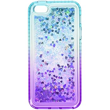 iPhone 5S Case, iPhone SE Case with [2 Pack] Tempered Glass Screen Protector for Girls Women, LeYi Glitter Bling Liquid Quicksand TPU Protective Phone Case for iPhone 5 ZX Gradient Teal/Purple