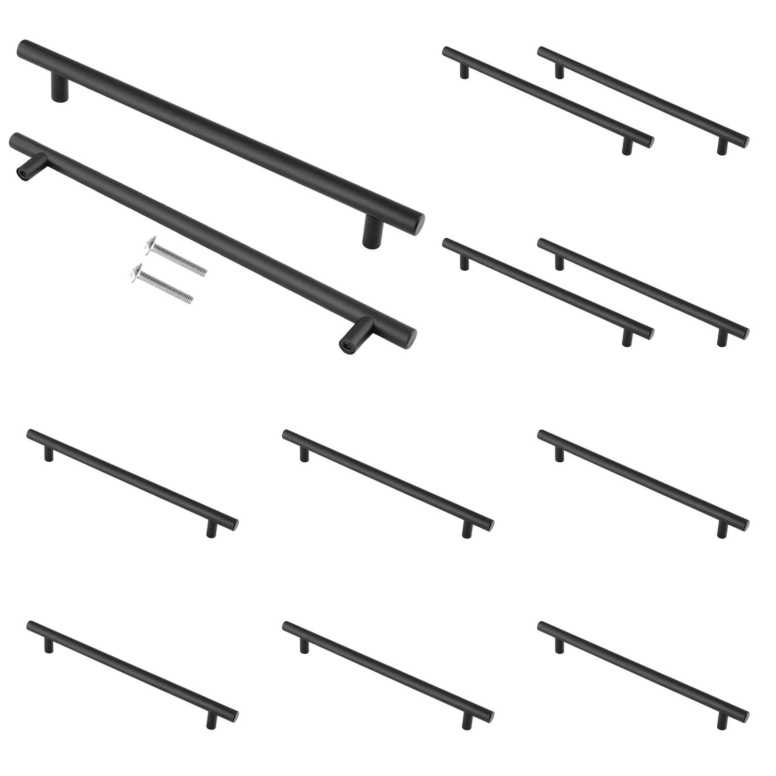 Cjueiom Matt Black Cupboard Handles - 128mm Hole Center T Bar Knobs, 12 Pack Stainless Steel Drawer Pulls - Long Wardrobe & Kitchen Cabinet Handles, 200mm Length for Bedroom & Drawer