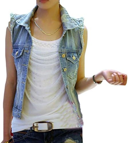 GRMO Womens Autumn Ripped Button Lapel Biker Washed Denim Vest Waistcoat Cowboy blue US S