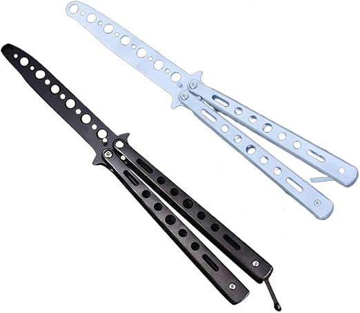 Amazon Little World バタフライナイフ トレーナー練習ツール スチールメタル折りたたみナイフ 削られていない バタフライナイフコーム フリッピングトリックの練習用 ブラックとシルバー 2個セット Little World 武術 格闘技