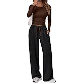 Trendy Queen Women's 2 Piece Matching Lounge Set Long Sleeve Side Ruching Top Wide Leg Drawstring Pants Set with Pockets