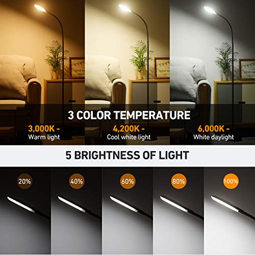 LED Floor Lamp, Standing Lamp 5 Brightness Levels & 3 colors, Flexible Gooseneck Touch Control Reading Standing Light for Living Room, Bedroom, Home, Office and Dorm - Thumbnail 3