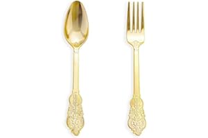 N9R 200PCS Gold Spoons and Forks Set, Heavy Duty Gold Plastic Silverware Set Fancy Disposable Utensils for Parties, Elegant Cutlery Sets for Wedding, Birthday(100 Forks & 100 Spoons)