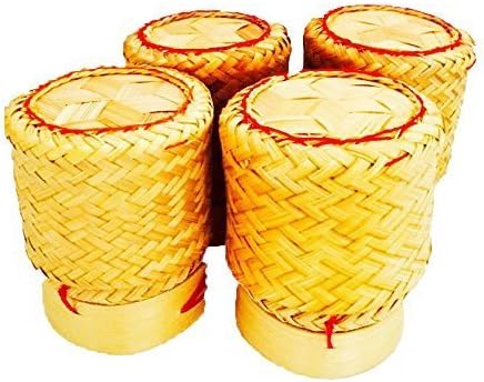 Kai White Orchid Sticky Rice Basket Thai Laos Handmade Bamboo to Keep Sticky Rice Warm (Yellow set of 4)