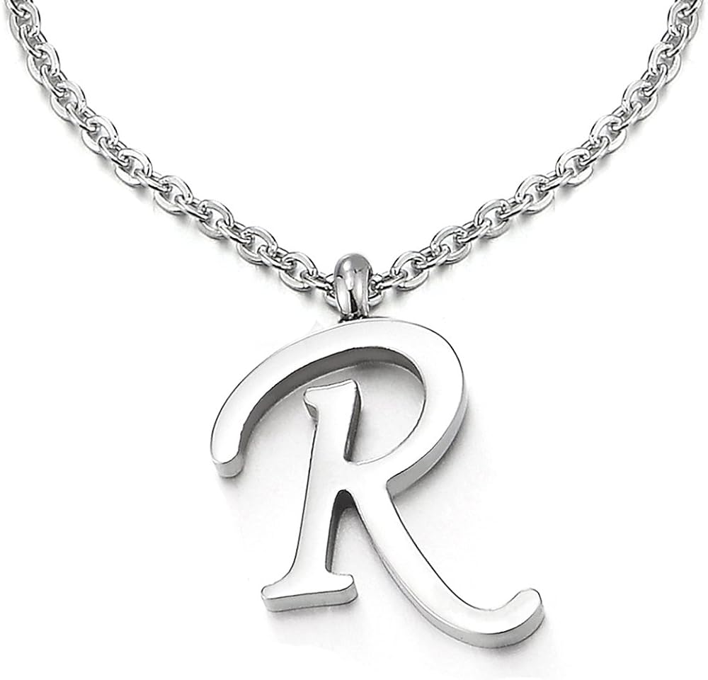 COOLSTEELANDBEYOND Womens Mens Steel Name Initial Alphabet Letter R Pendant Necklace with 20 inches Chain
