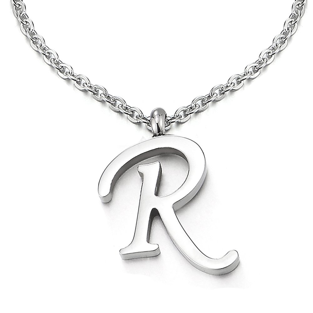 COOLSTEELANDBEYOND Womens Mens Steel Name Initial Alphabet Letter R Pendant Necklace with 20 inches Chain