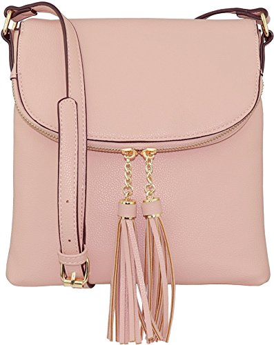 B BRENTANO Vegan Medium Flap-Over Crossbody Handbag with Tassel Accents (Pink)