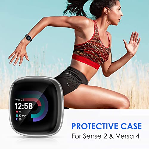 (2 Pack) HTWON TPU Case + Screen Protector For Fitbit Versa 3/Sense – Full Cover Bumper