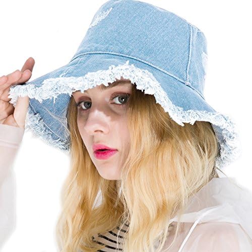 Kekebag Unisex Distressed Denim Fisherman Bucket Hat Casual Wide Brim Washed Cotton Sun Cap (Light Blue)