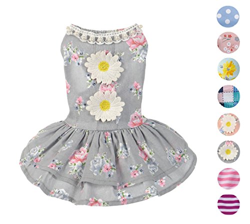 Alroman Dog Dresses Pets Clothes Gray Doggie Harness Dresses Lace Princess Puppy Dresses Pearl Dogs Clothes Pet Floral Cat Dress D-ring Vest Shirt Grey Sundress Skirt Outfit Costume Apparel (M)