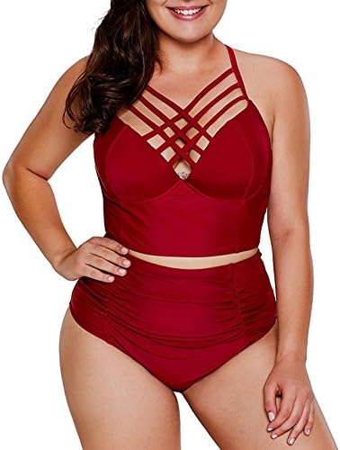 Haogo Womens Plus Size Swimwear High Waist Push Up Bikini Set Swimsuit Red XX-Large
