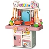 R REVA Mini Kitchen Playset for Kids Ages 3-8, 33PCS Compact Tabletop Pretend Play Cooking Set, 45cm Tall with Water Circulation Sink, Light &amp; Sound Effects, Cookware &amp; Food Accessories
