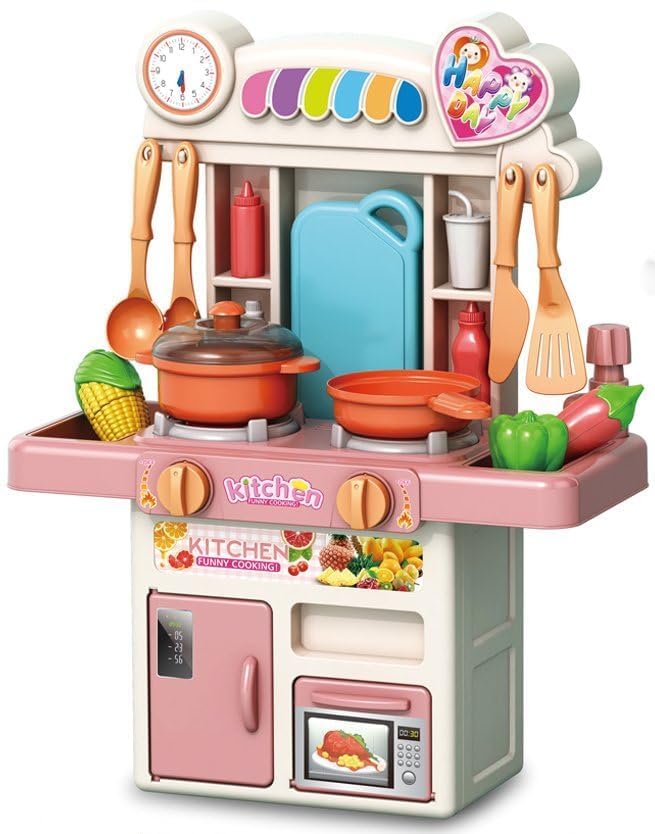 R REVA Mini Kitchen Playset for Kids Ages 3-8, 33PCS Compact Tabletop Pretend Play Cooking Set, 45cm Tall with Water Circulation Sink, Light & Sound Effects, Cookware & Food Accessories