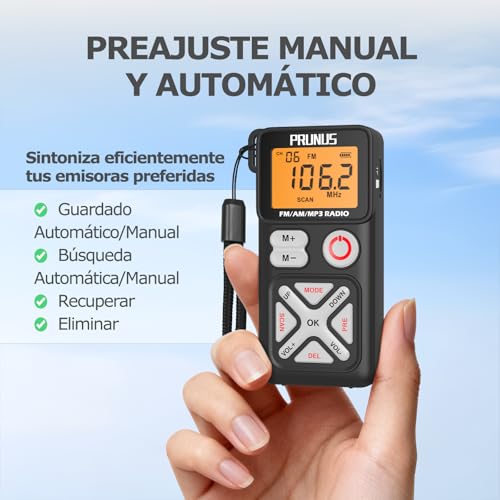 PRUNUS J-988 FM/Am Digital Radio with Manual Preset, Small Portable Radio with Headphone/TF Card Slot, USB-C Charging, Pocket Radios with Back Clip for Walking, Traveling