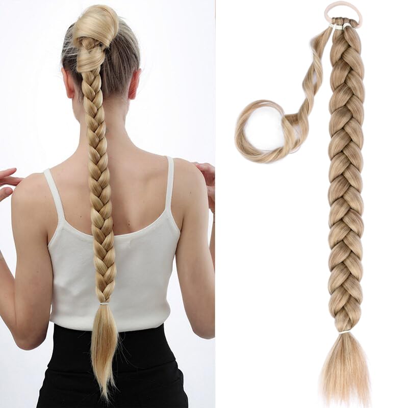 BOBIYA Long Braided Ponytail Extension 30 Inch Pre stretched Braiding Hair Extensions DIY Braid Ponytail Natural Soft Ponytails (Light Ash Blonde)