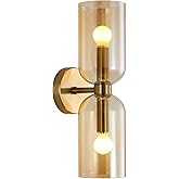 EFINEHOME Minimalist 2-Light Gold Wall Sconces with Cylinder Glass Shades- Mid Century Vanity Wall Double Lights Hardwired- M