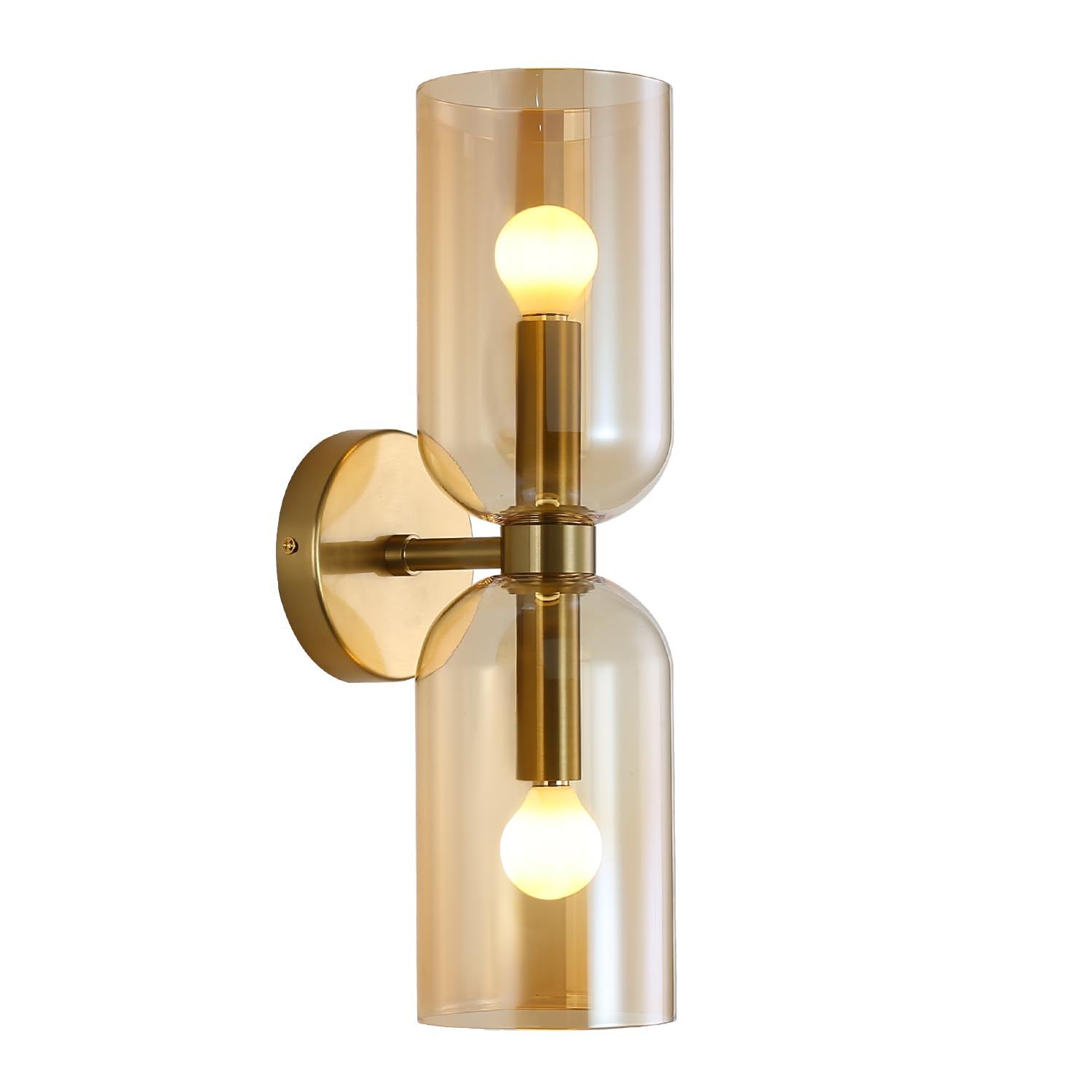 Photo 1 of EFINEHOME Minimalist 2-Light Gold Wall Sconces with Cylinder Glass Shades- Mid Century Vanity Wall Double Lights Hardwired- Modern Indoor Glass Wall Mounted Art Decor Lights (Amber, 1 Pack)