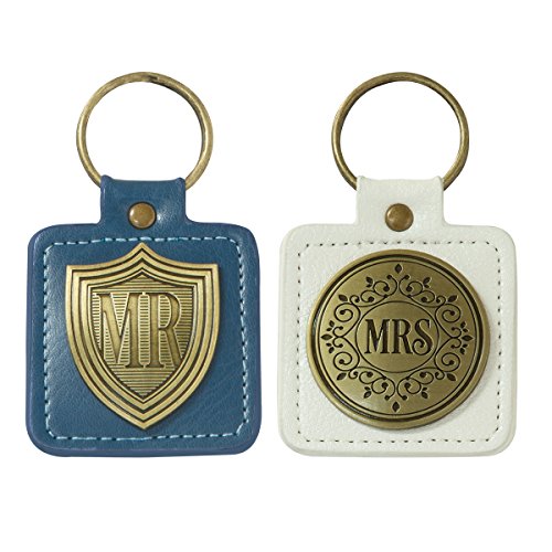 Blue/White Faux Leather Scripture Keychain Set for Bride and Groom | Mr./Mrs. Greatest of These is Love 1 Corinthians 13:13 Bible Verse | Set/2 His and Hers Keychains w/Metal Emblems