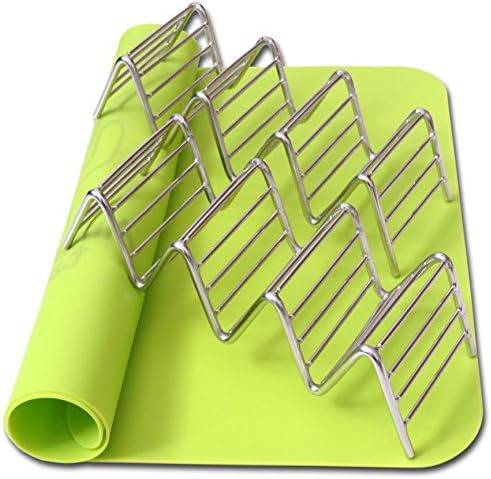 2 Taco Holders Rack Silicone Mat by AT - Best Stainless Steel Taco Rack Tray - Grill, Oven and Dishwasher Safe Taco Shell Stand - Silicone Nonstick Baking Green Mat - Exclusive Taco Recipes e-Book